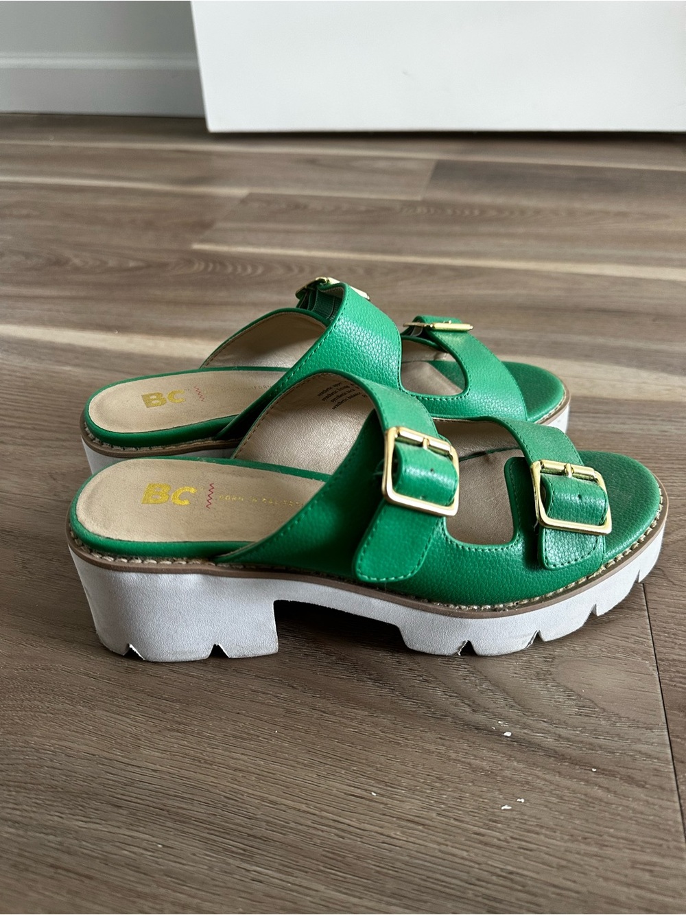 BC Footwear Green Double-Buckle Platform Slide Mules